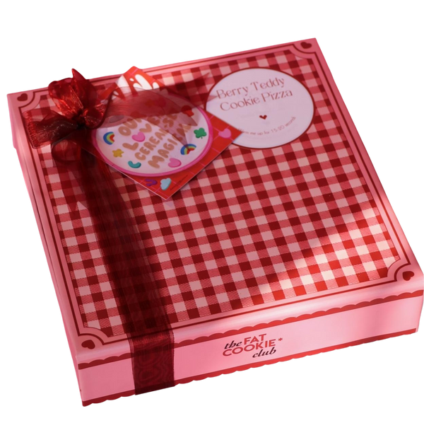 Close-up of Berry Teddy cookie pizza with teddy topper