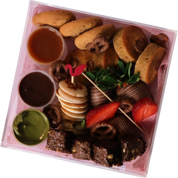 Fondue for two dessert sharing box with dips and brownie bites