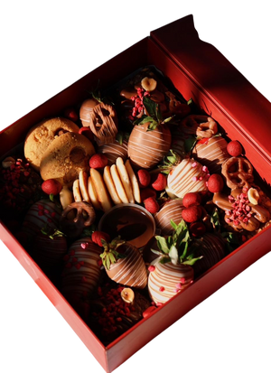 Valentine's treat box with brownies and chocolate coated strawberries